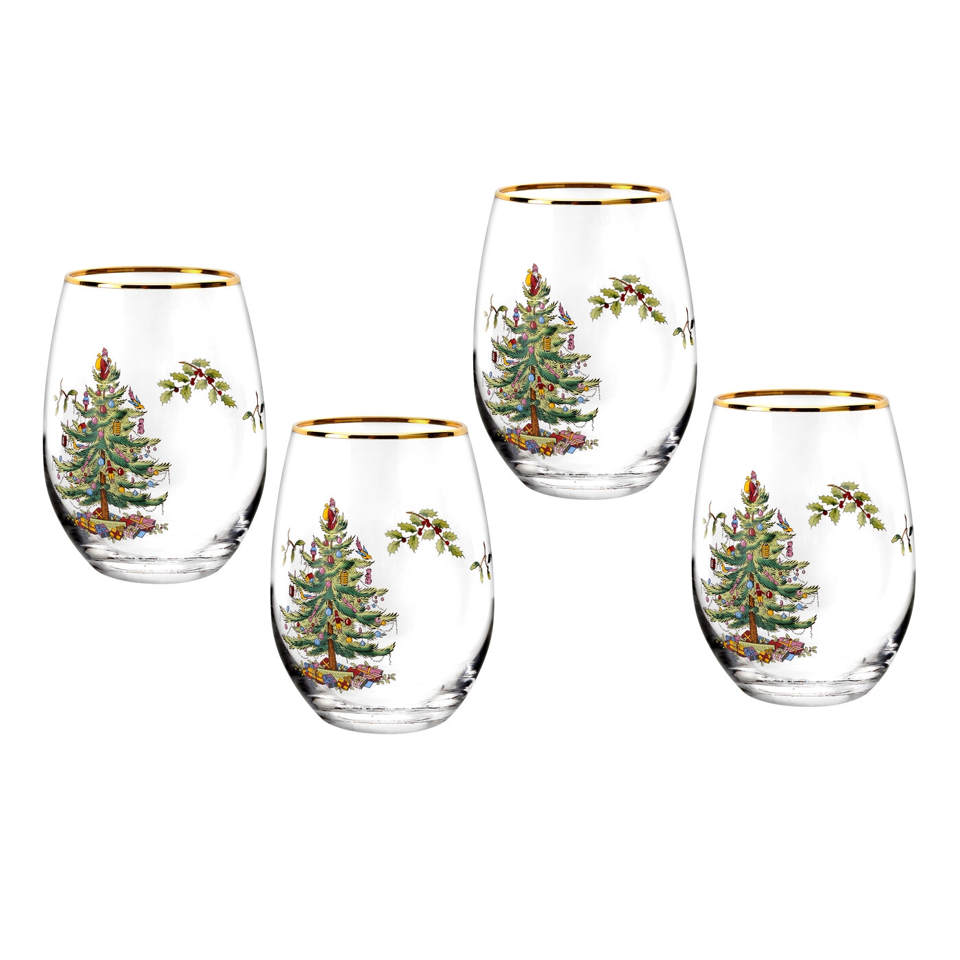 Christmas Tree Set of 4 Stemless Wine Glasses image number null