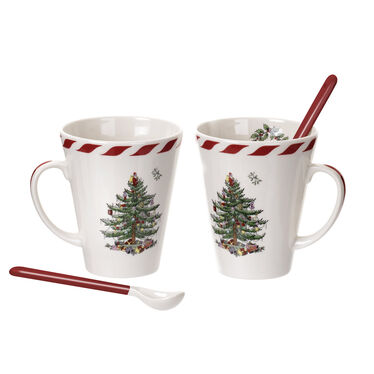 Christmas Tree set of 2 peppermint 14oz mugs with spoons Christmas Tree set of 2 peppermint 14oz mugs with spoons