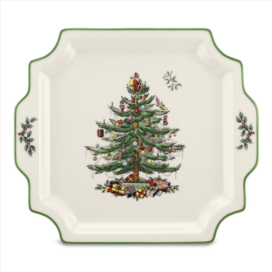 Christmas Tree 12.5 Inch Square Handled Platter image number null