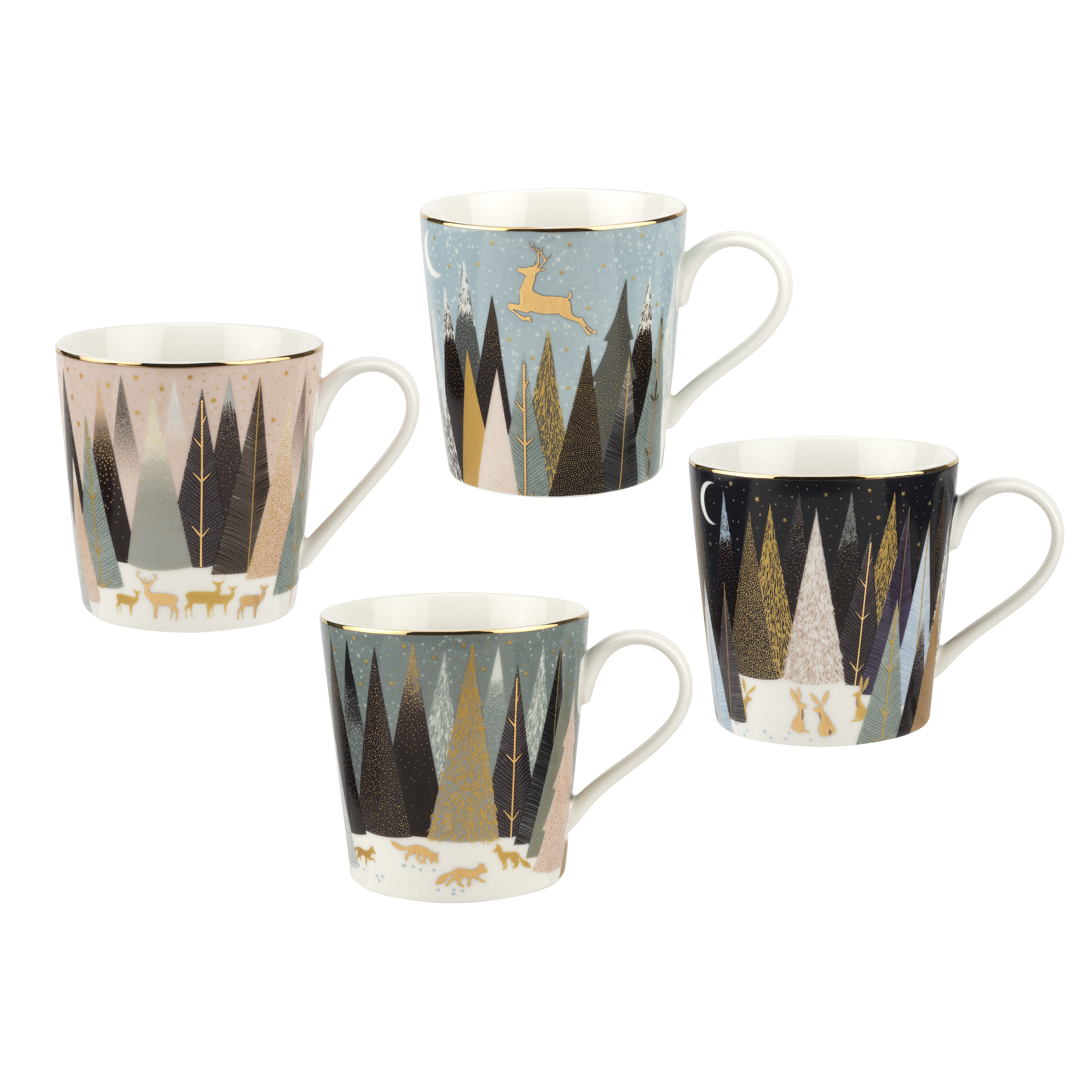 Sara Miller London Frosted Pines Set of 4 Mugs 12 oz Spode