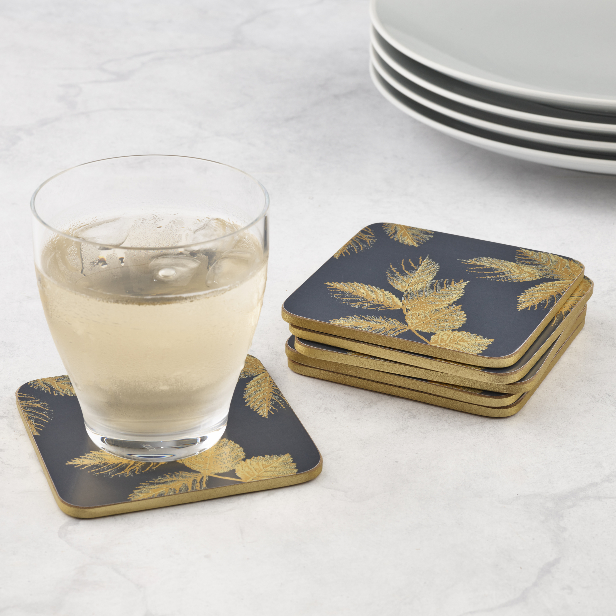 Sara Miller London Etched Leaves Coasters Set of 6 Navy image number null