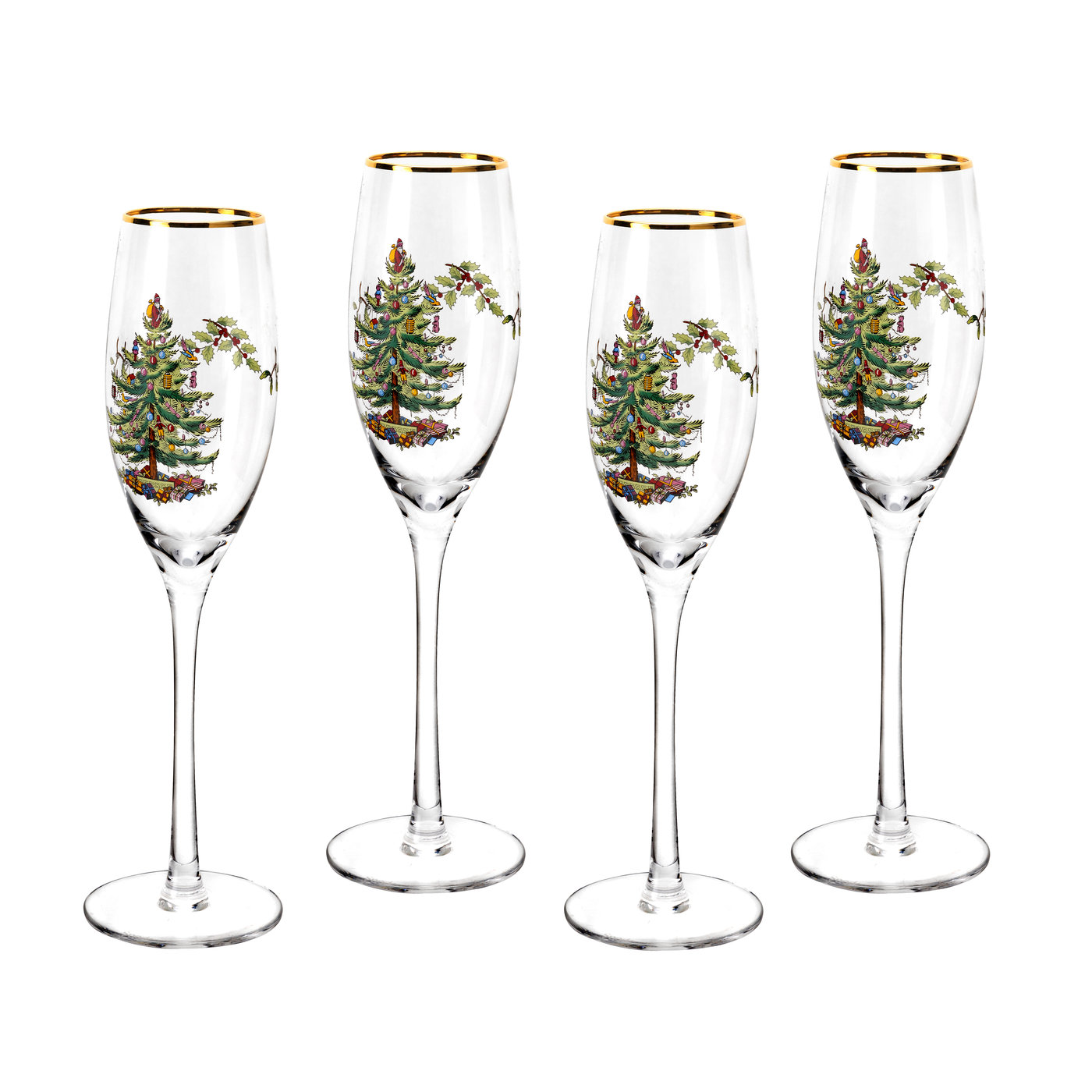 Spode Christmas Tree Champagne Fluted Glasses Set of 4 Spode
