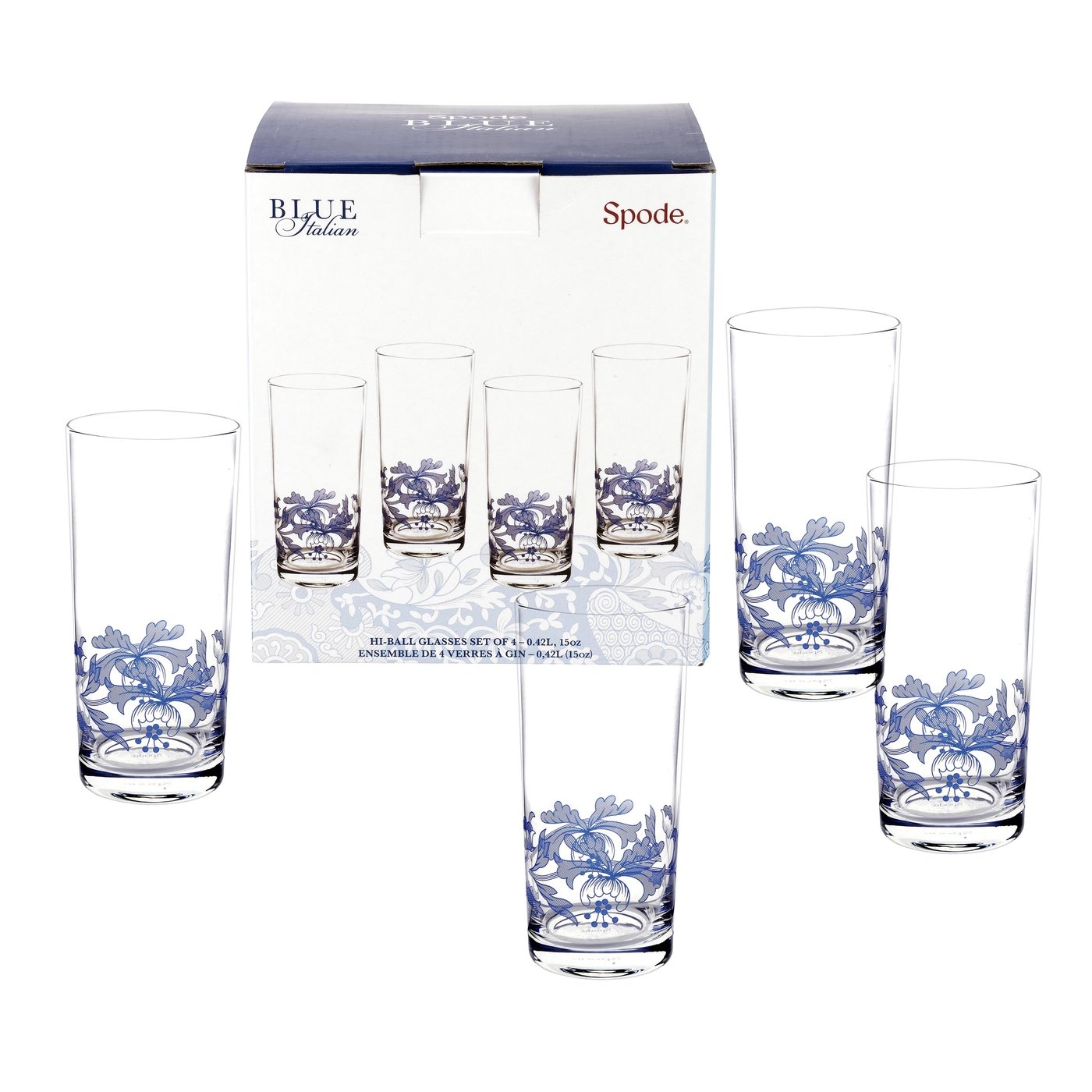 Spode Blue Italian Set of 4 Highball Glasses Spode