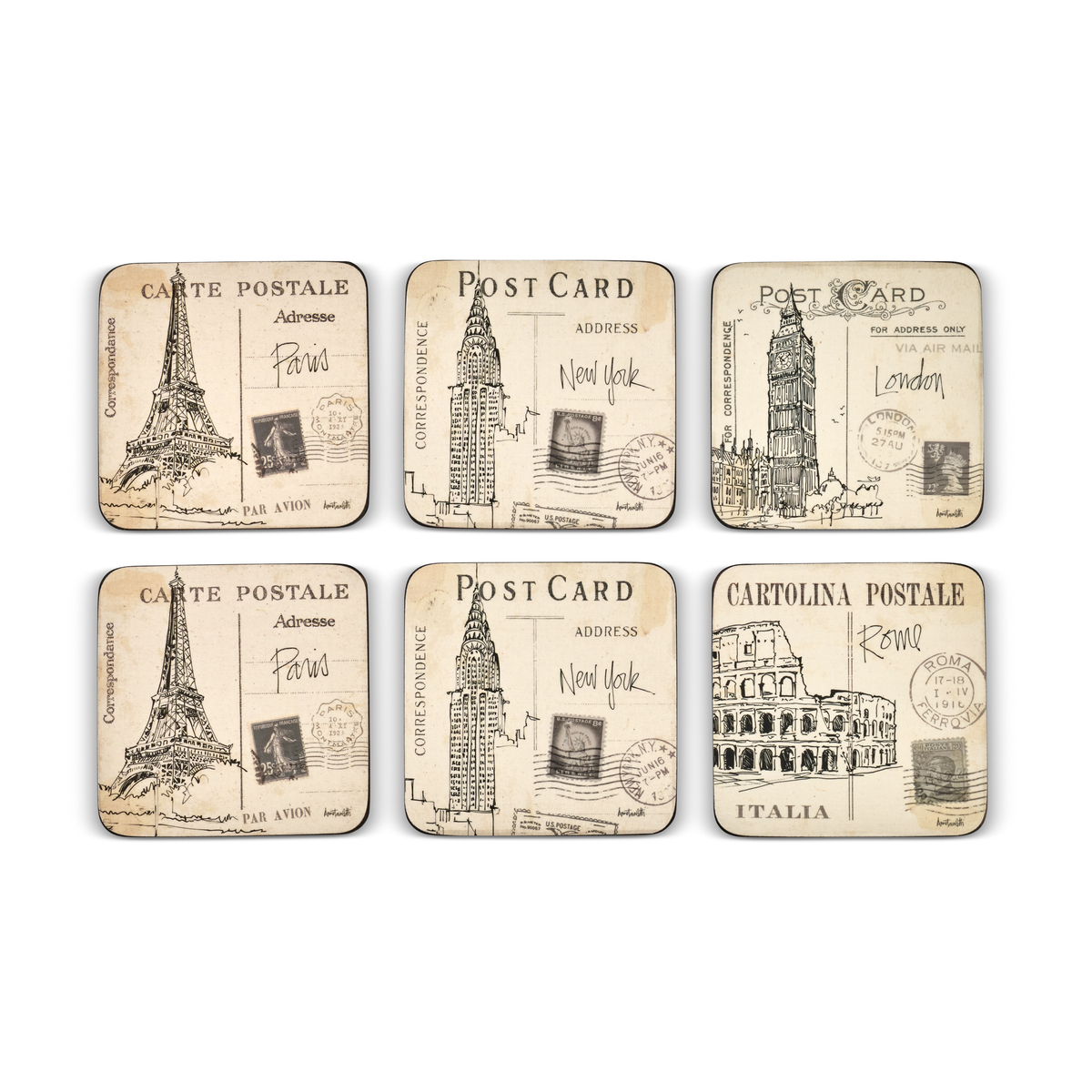 Postcard Sketches Coasters Set of 6 image number null
