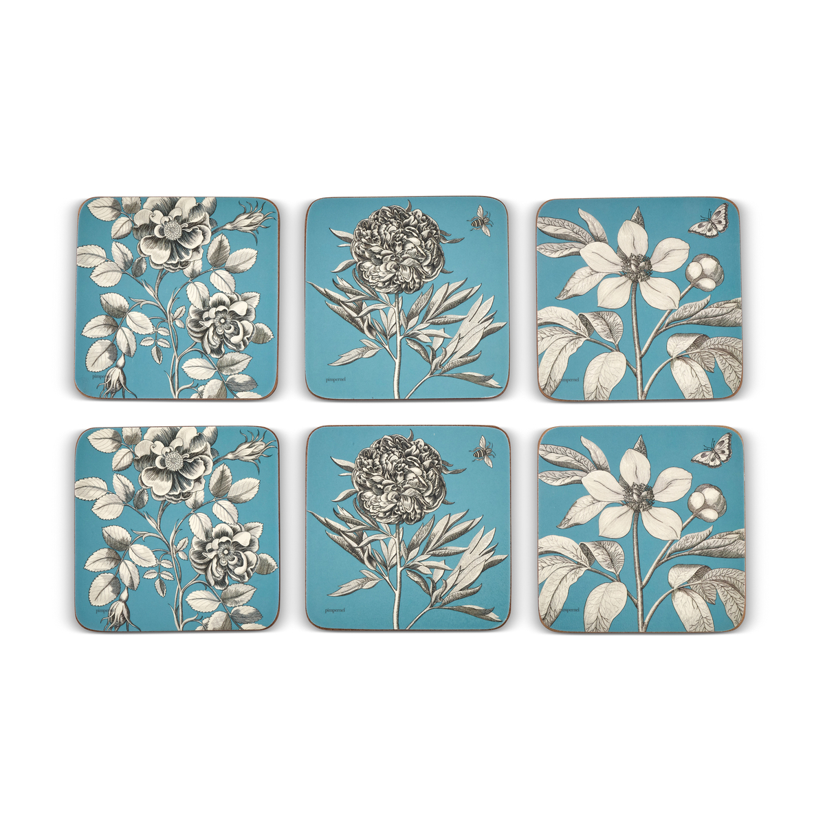 Sanderson Etchings and Roses Blue Coasters Set of 6 image number null